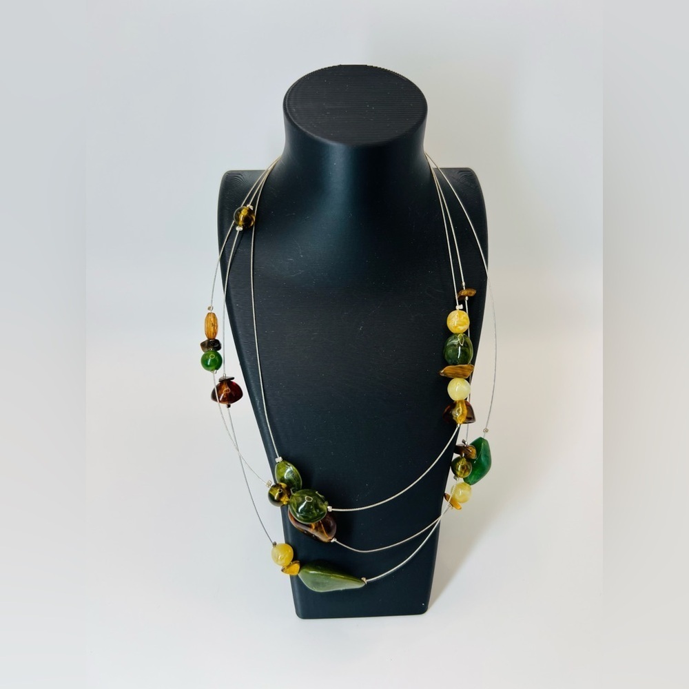 Vintage Multi Strand Wire Necklace Green Amber Tone Beads
